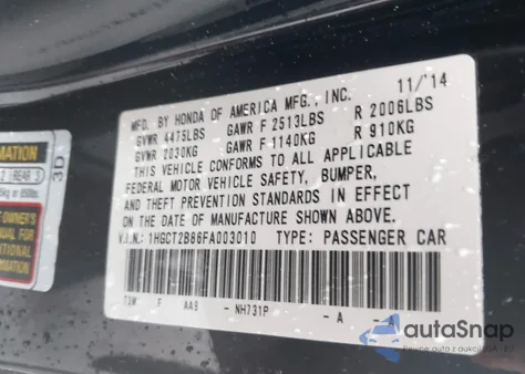 2015 Honda Accord Ex-L V-6 из США, поврежденный, VIN 1HGCT2B86FA003010